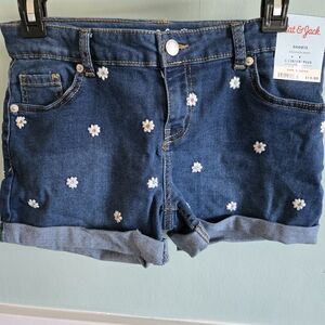 Cat & Jack Dark Wash Daisy Embroidered Denim Shorts Blue Rolled Hem Girl L 10/12